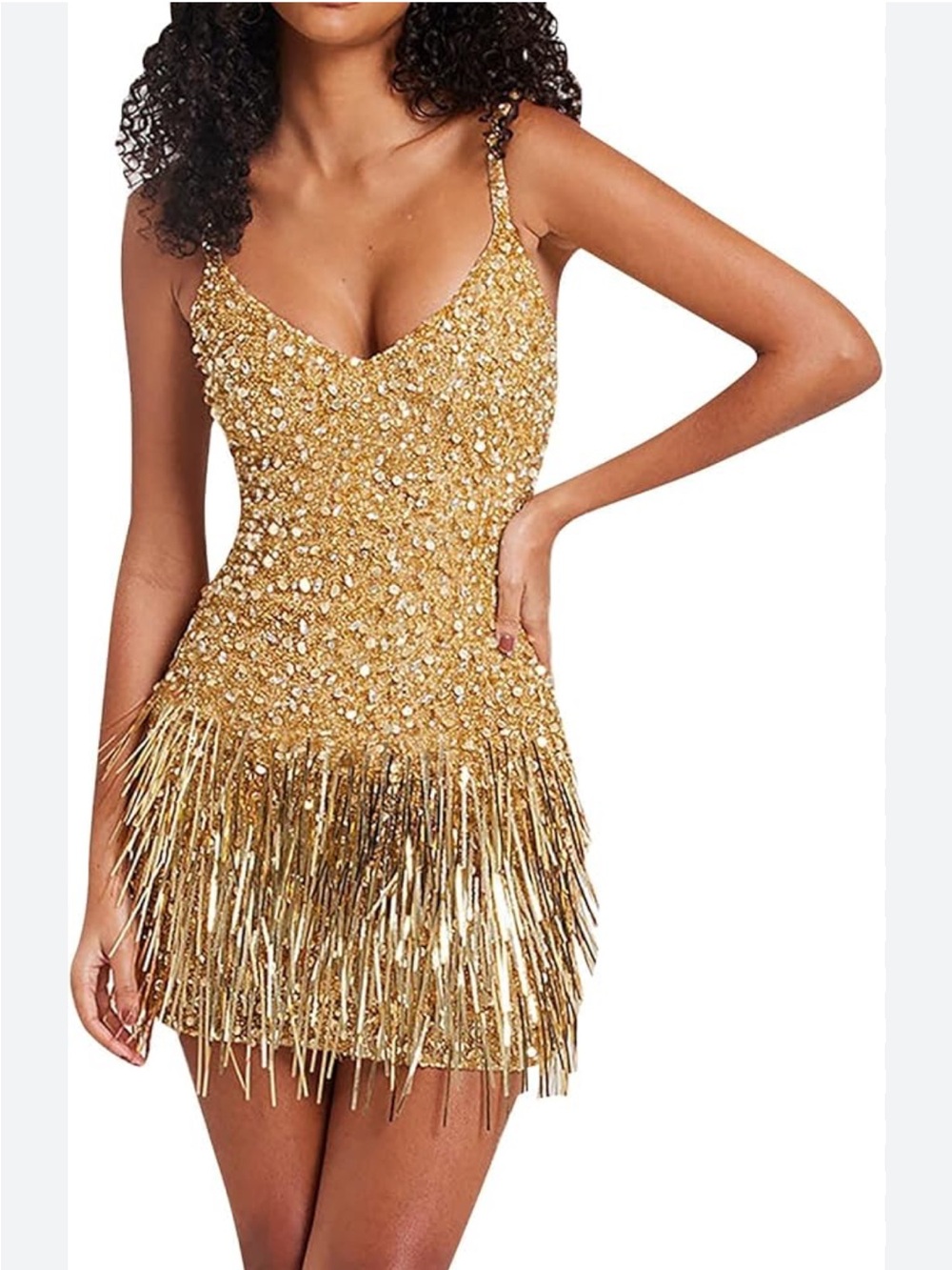 NWOT Gold Sequin Tassel Mini Dress - V-Neck size M